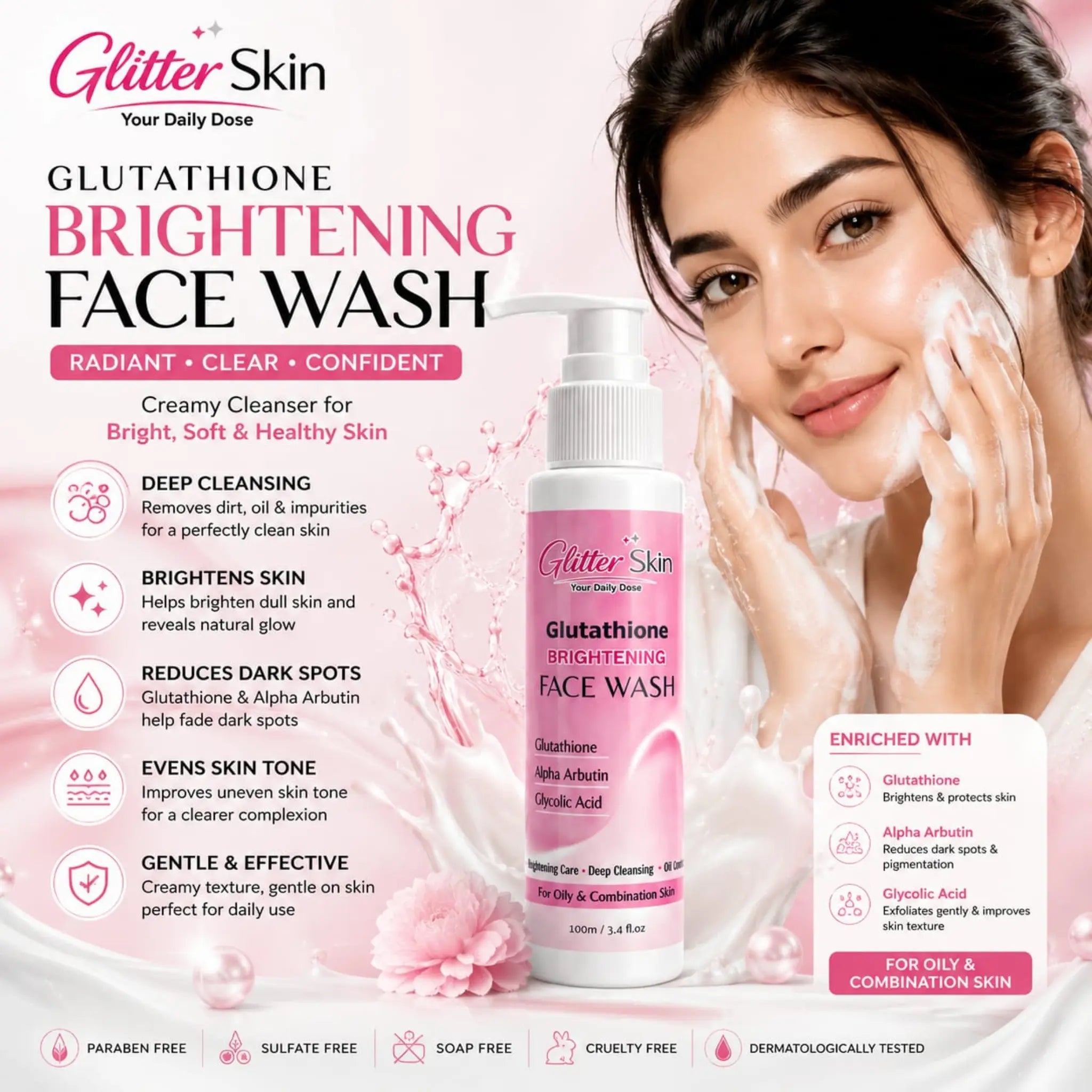 Glitter Skin Glutathione Brightening Face Wash 100ml with Glutathione, Alpha Arbutin and Glycolic Acid for deep cleansing, brighter-looking skin and oil control