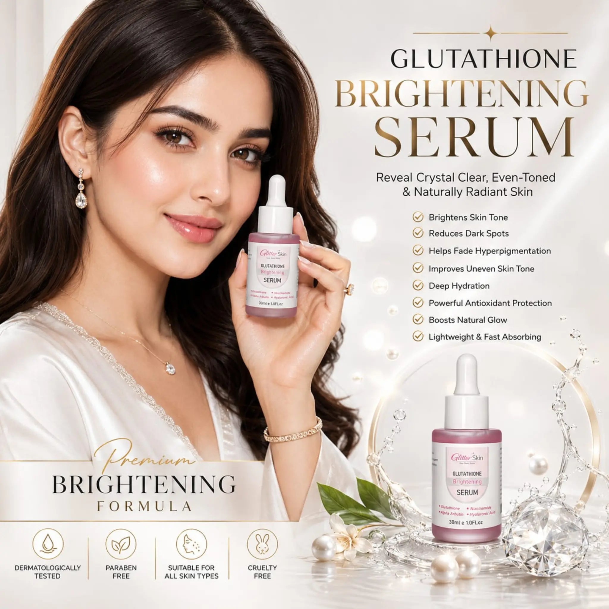 Glitter Skin Glutathione Brightening Serum 30ml for dark spots, pigmentation, glowing skin and deep hydration