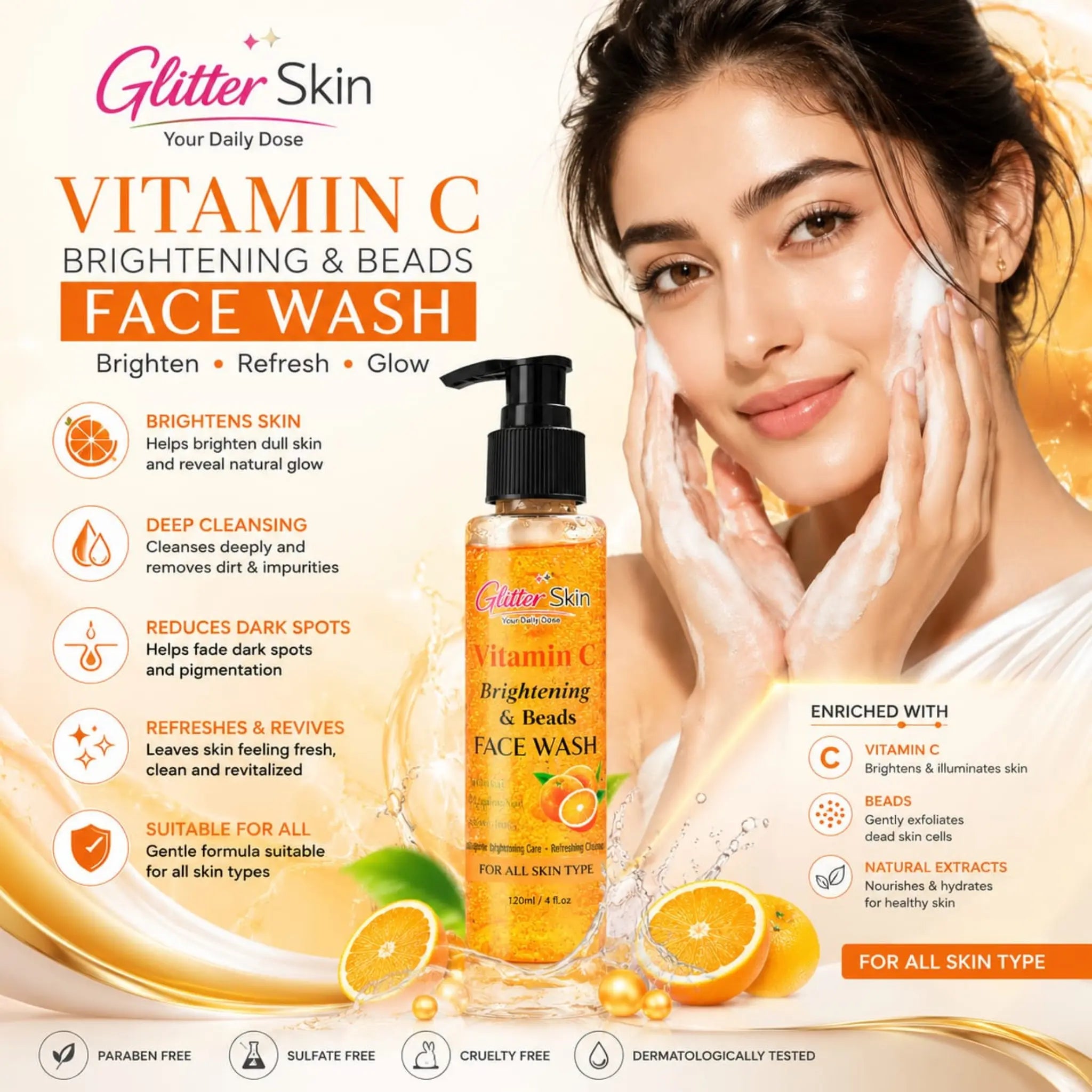 Glitter Skin Vitamin C Brightening Gel Beads Face Wash 100ml with Vitamin C, Glycolic Acid & Green Tea Extract 