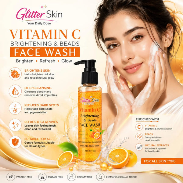 Glitter Skin Vitamin C Brightening Gel Beads Face Wash 100ml with Vitamin C, Glycolic Acid & Green Tea Extract 